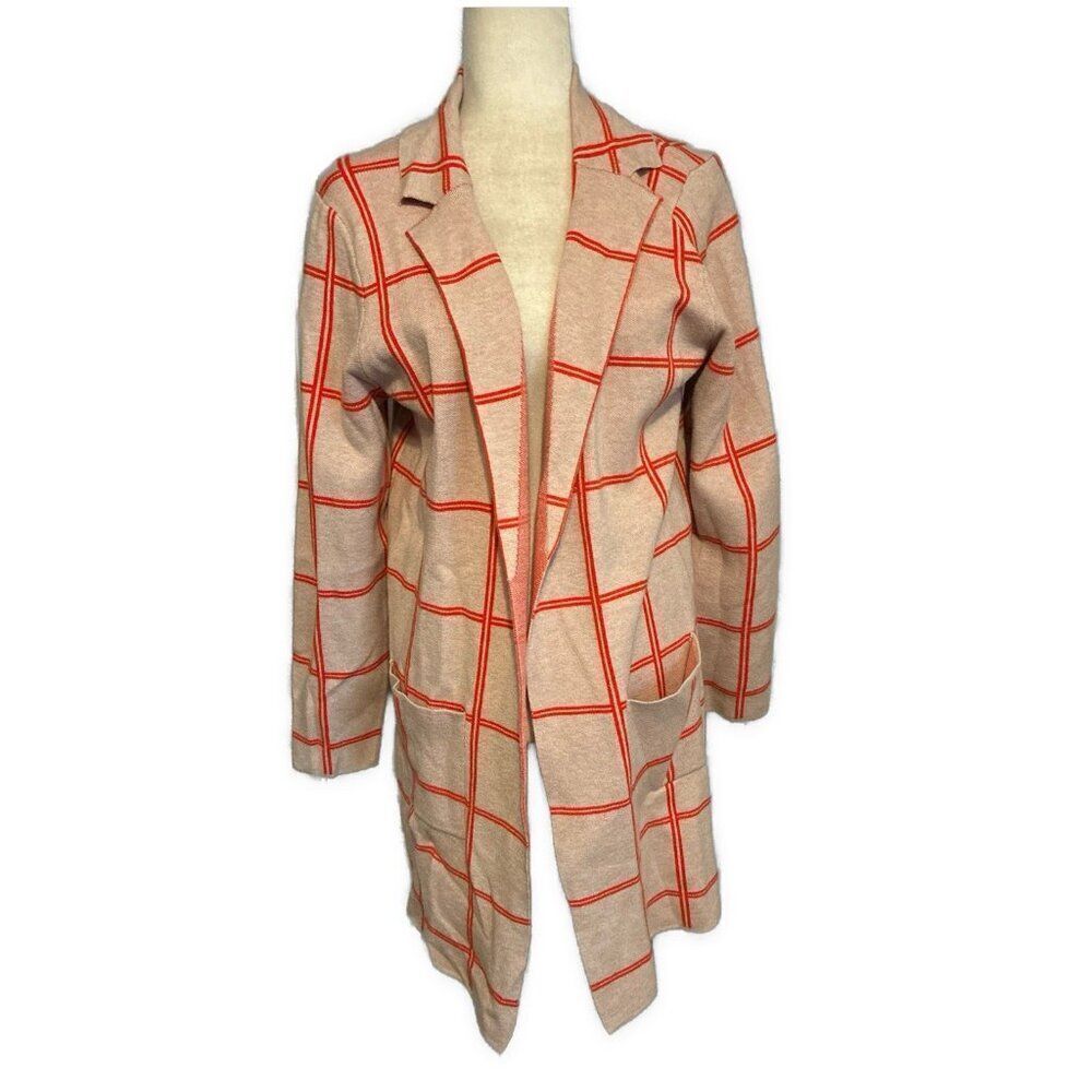 Calligraphie Orange Beige Plaid Long Sleeve Knit Cardigan Sweater Medium